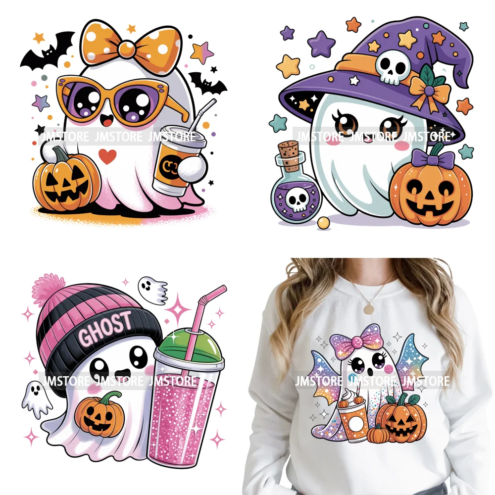 Spooky Coffee Lover Halloween Coquette Pumpkins Witches Ghost Iron on DTF Washable Transfers Stickers Ready to Press for Clothes