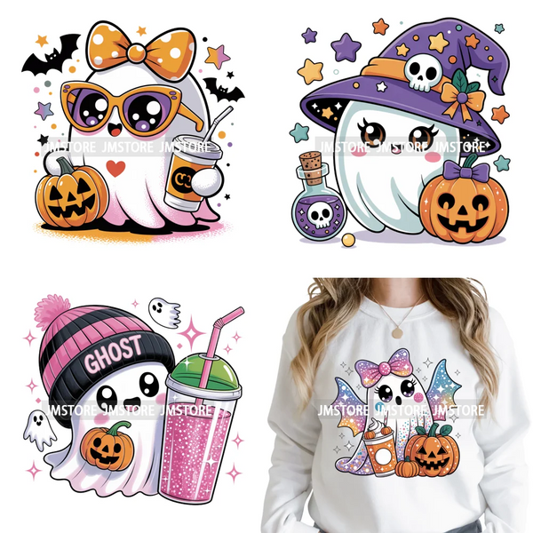 Spooky Coffee Lover Halloween Coquette Pumpkins Witches Ghost Iron on DTF Washable Transfers Stickers Ready to Press for Clothes