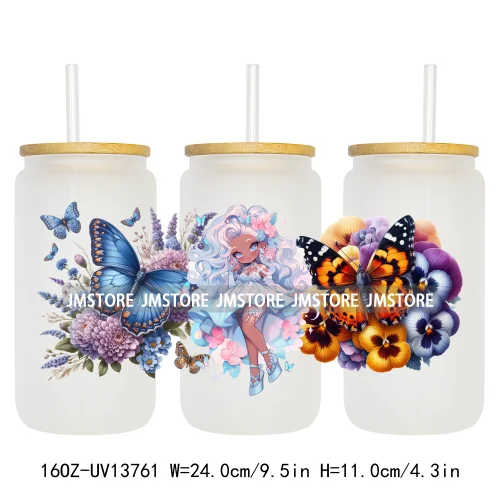 Floral Butterfly Girl Woman UV DTF Stickers Ready to Transfer Cup Wrap Custom Labels DIY Craft For Libbey Can Glass Tumblers Mug