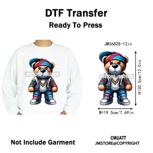 12in Hip Hop Vibes Urban Style Rich Bear With Gold Chains King Animal Iron on DTF Transfers Stickers Ready to Press for Textile