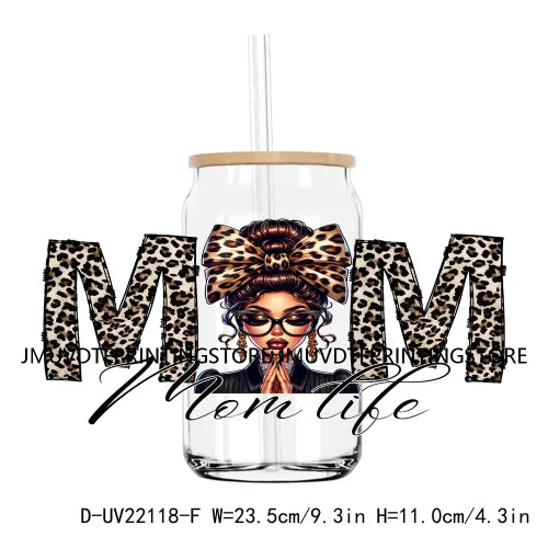 Retro Coquette Bow Mama UV DTF Stickers For 16OZ Libbey Glass Cup Can Wrap Transfers Stickers Custom DIY Logo Leopard Mom Life