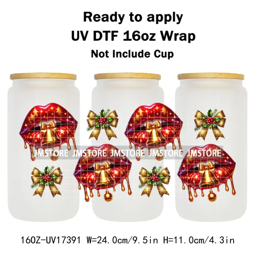 Coquette Bow Christmas Gift Lips UV DTF Stickers Xmas Season Candy Cane Ready To Transfer 16OZ Cup Wraps For Libbey Can Glass