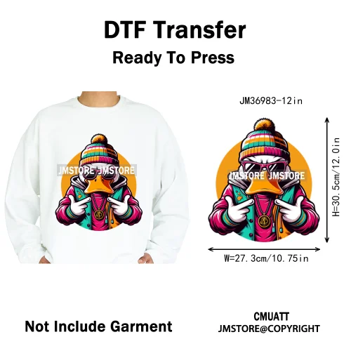 12in Cool Urban Trap Style King Animal Rich Ducks With Gold Chain Iron on DTF Heat Transfer Sticker Ready to Press for Clothing