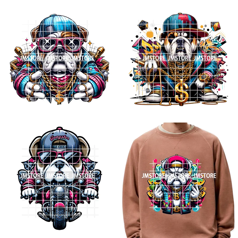 12in Streetwear Vibes Rich Cool Cartoon Bulldog King Designs Washable Iron on DTF Transfers Stickers Ready to Press for Clothes