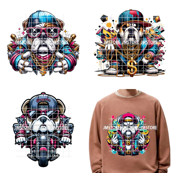 12in Streetwear Vibes Rich Cool Cartoon Bulldog King Designs Washable Iron on DTF Transfers Stickers Ready to Press for Clothes