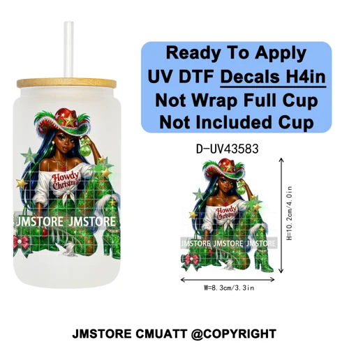 Howdy Afro Black Cowgirl Christmas UV DTF Decals Ready To Apply Waterproof Transfer Stickers For 16OZ Libbey Glass Can Bottle