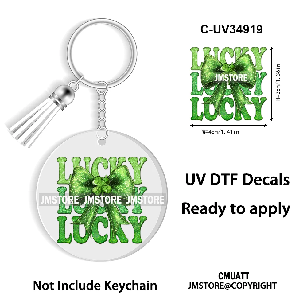 Sparkly Faux Sequin St Patricks Day Coquette Glitter Lucky Charm WaterProof UV DTF Sticker For Round Circle Keychain Keyring