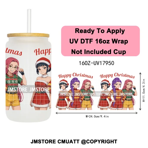 Kpop Demon Inspired Movie Christmas Santa Hat 16OZ UV DTF Cup Wrap Ready To Apply Durable Transfer Stickers For Libbey Glass Can