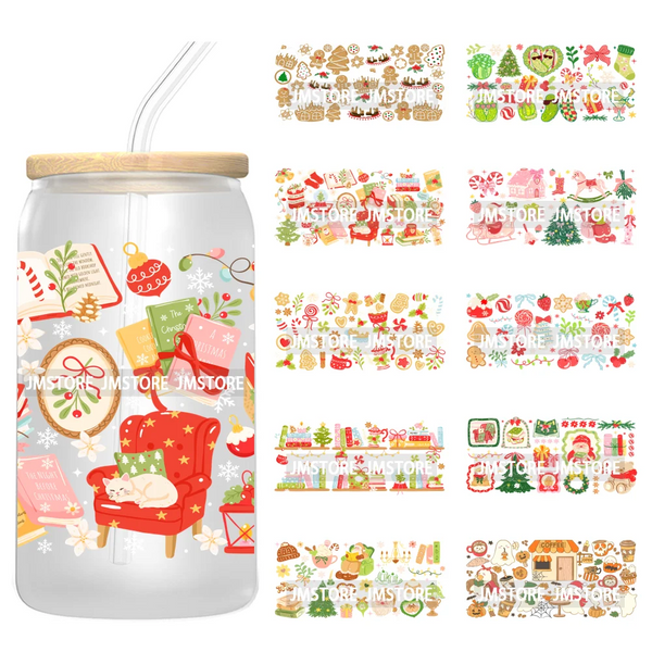 Coquette Bow Bookish Christmas Tree Gingerbread 16OZ UV DTF Cup Wraps Ready To Apply Transfer Stickers For Libbey Glass Can Mugs