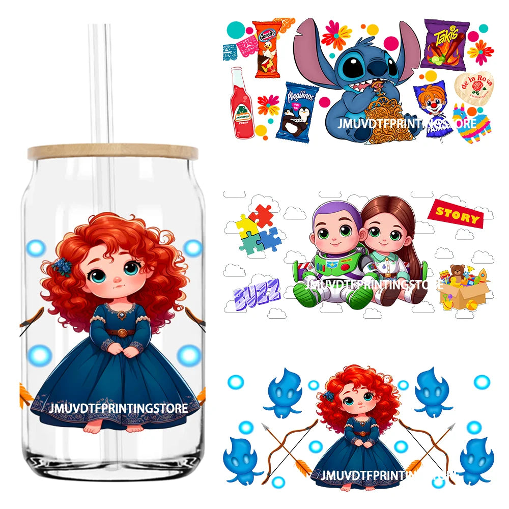 Princess Character Cartoon Movie 16OZ UV DTF Cup Wrap Transfers Stickers Custom Labels DIY Waterproof Logo For Libbey Glass Can