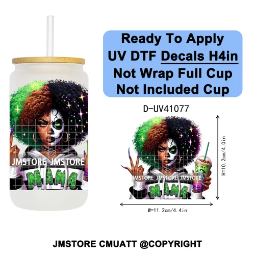 Scary Movie Character Afro Girls Halloween UV DTF Transfer Stickers Decals Ready To Apply Waterproof For 16OZ Libbey Glass Can