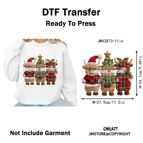Faux Latch Hook Yarn Crochet Christmas Highland Cow Santa Iron on DTF Washable Transfer Stickers Ready to Press for Garment Bags