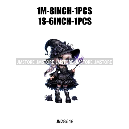 Gothic Girl Gnomes Halloween Witch Dolls Black Flowers Horror Vibes Iron On DTF Transfers Stickers Ready To Press For Clothing