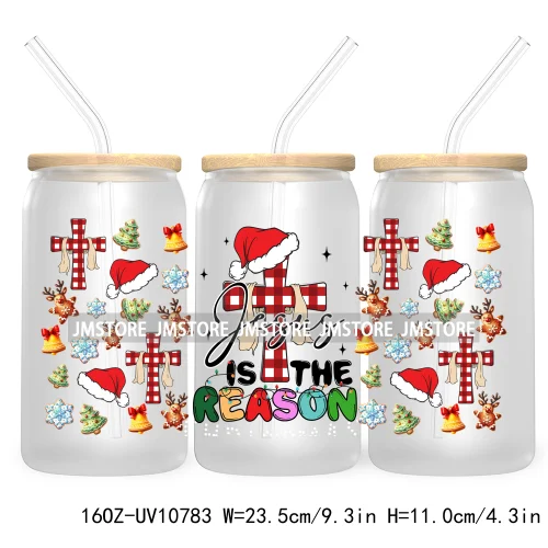 Religious Jesus Christmas UV DTF Cup Wrap For Libbey Glass Can Transfer Stickers Waterproof Custom Labels Christian Cross Bow