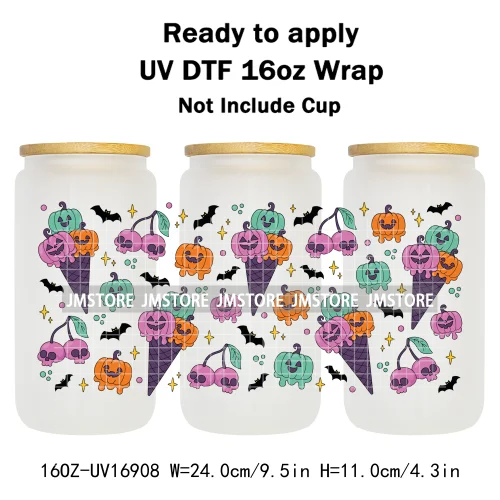 Spooky Season Halloween Pumpkin Ghost Witch Dogs UV DTF Wraps Transfer Sticker Selfadhesive Waterproof For 16OZ Libbey Glass Can