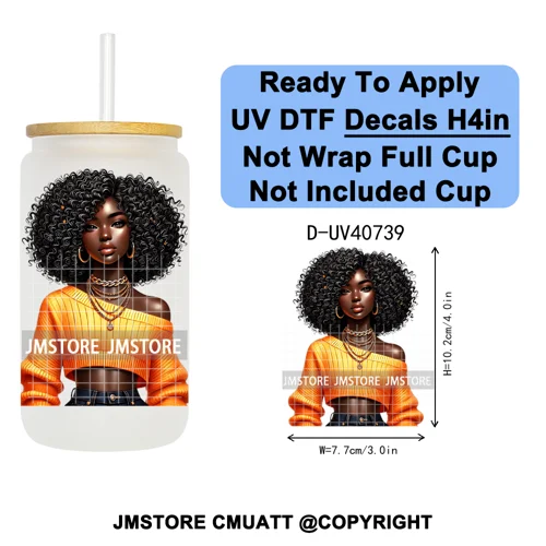 Big Hair Fashionable Black Girl UV DTF Decals Ready To Apply Waterproof Transfer Stickers DIY Crafts For 16OZ Libbey Glass Can