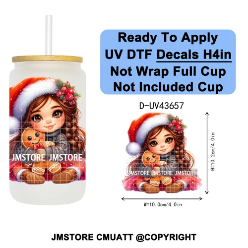 Floral Christmas Latina Chibi Girl UV DTF Transfer Stickers Decals Ready To Apply Good Quality Prints For Libbey Cold Cup Mugs