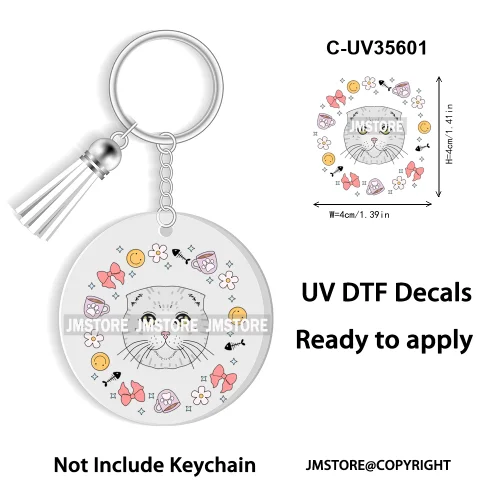 Floral Cat Lover The Best Mama Ever UV DTF Decal Round Keychain Ready To Apply WaterProof Transfer Stickers For Circle Keychain