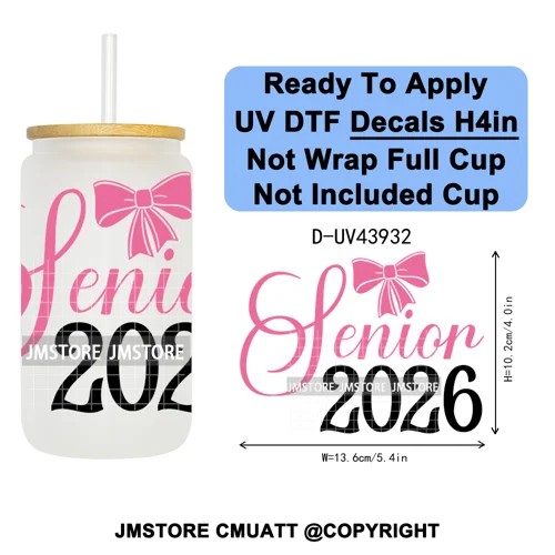 Girly University Graduation 2026 UV DTF Decals Ready To Apply Waterproof Transfer Stickers DIY Crafts For 16OZ Libbey Glass Can