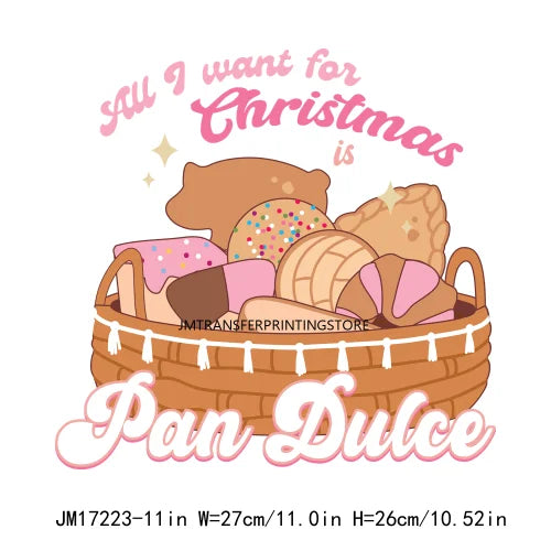 Mexican Latin Love Christmas Holiday Printing Logos Iron On DTF Santa Conchas Pan Dulce Transfer Stickers For Sweatshirt Bags