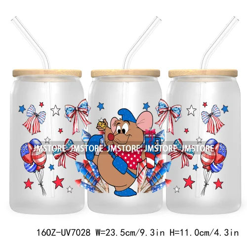 Happy 4TH Of July Cartoon Bear Friends 16OZ UV DTF Cup Wrap Transfer Stickers For Libbey Glass Can Cups Tumbler Waterproof Craft