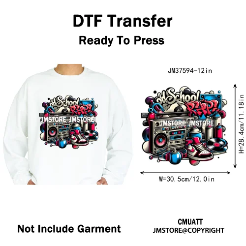 12in Old School Rap Hip Hop Music King Gaming Urban Vibes Graffiti Iron on DTF Heat Transfer Stickers Ready to Press for T-shirt