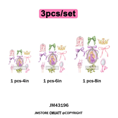 Colorful Girly Coquette Cartoon Princess Family Trip Iron on Washable DTF Heat Transfers Stickers Ready to Press for Clothing