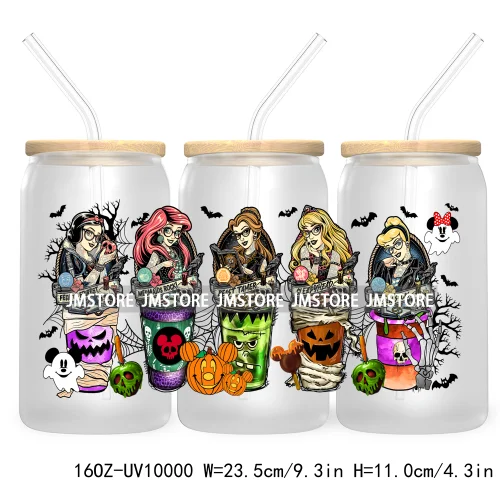 Halloween Coffee Cups UV DTF Sticker For 16OZ Libbey Glass Cup Can Cartoon Princess Wrap Transfer Stickers Custom Labels Logo