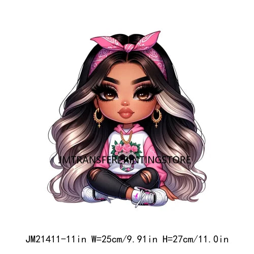 Pink Bow Long Hair Chibi Cute Chicana Doll Girls With Earing Washable Iron On DTF Transfers Stickers Designs For Sweatshirt