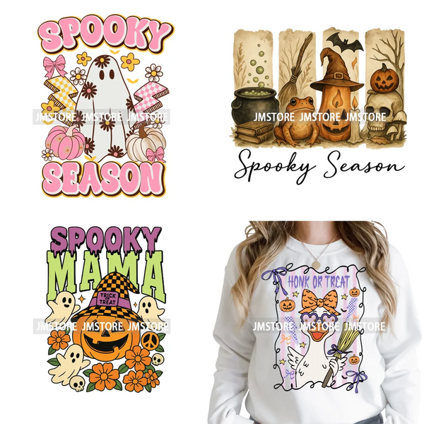 Ghost Spooky Mama Season Trick or Treat Coquette Bow Halloween Iron on DTF Washable Transfer Sticker Ready to Press for Clothing