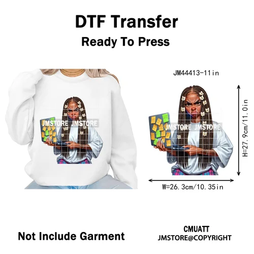 Sassy Facial Expressions Black Girl Housewife Remote Work Iron on Washable DTF Transfers Stickers Ready to Press for Sweatshirts