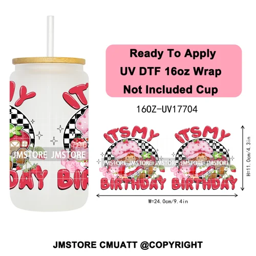 90s Cartoon Strawberry Characters Coquette Bow 16OZ UV DTF Cup Wraps Ready To Apply Transfer Stickers For Libbey Glass Can Mugs