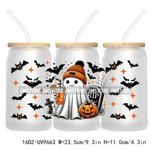 Spooky Ghost Fall Halloween Pumpkin Season UV DTF Sticker For 16OZ Libbey Glass Cup Can Autumn Leaves Wrap Transfer Stickers