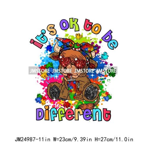 Colorful Autism Awareness Printing It's Okay To Be Different Iron On Heat Press DTF Transfer Stickers Ready To Press For Clothes