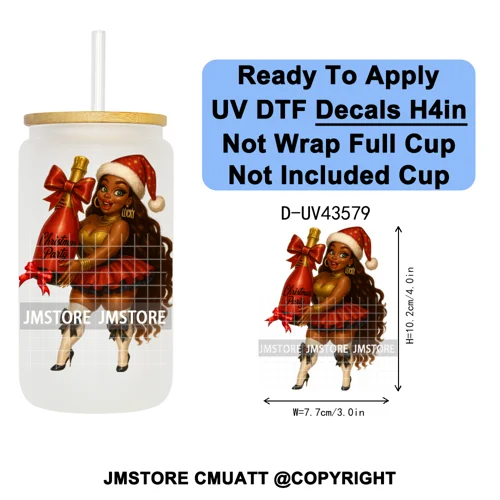 Fashion Black Girl Christmas Party UV DTF Cup Decals Ready To Apply Transfer Stickers Durable Custom Prints For Libbey Glass Can