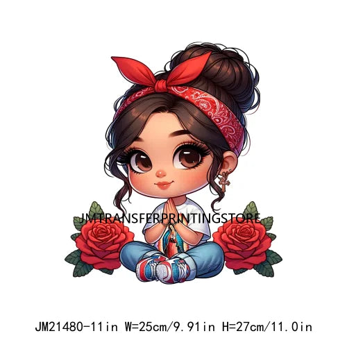 New Chibi Chicana Lovely Bow Rose Baby Girls Latina Princess Iron On DTF Heat Transfer Stickers Ready To Press For Clothing