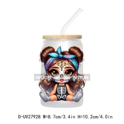 Halloween Skeleton Latina Chibi Baby UV DTF Transfer Stickers Decals For Libbey Cold Cups Mug Tumbler Waterproof Labels Princess