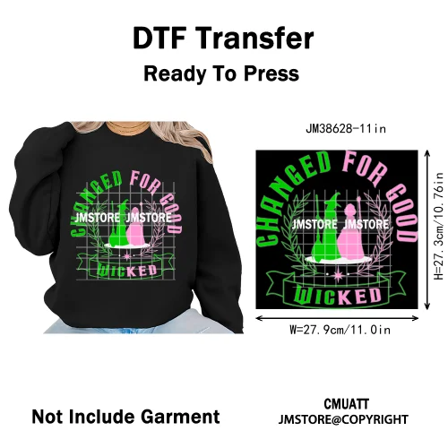 Witch Changed For Good Faux Glitter Pink and Green Movie Iron on DTF Washable Transfers Stickers Ready to Press for Clothes Bags