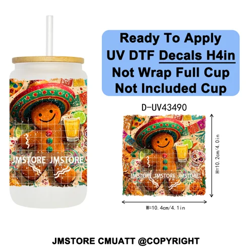 Feliz Navidad Mexican Christmas UV DTF Decals Ready To Apply Waterproof Transfer Stickers DIY Crafts For 16OZ Libbey Glass Can