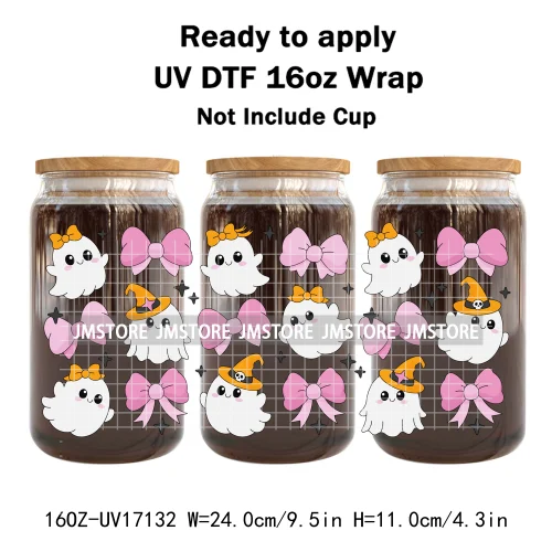 Spooky Season Halloween Pumpkin Ghost Witch Dogs UV DTF Wraps Transfer Sticker Selfadhesive Waterproof For 16OZ Libbey Glass Can