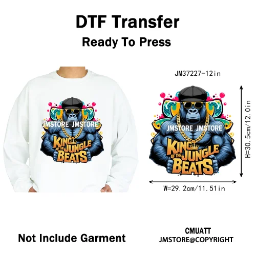 12in Cool Jungle King Beats Graffiti Hip Hop Animals Lover Iron on DTF Thermal Transfers Stickers Ready to Press for T-shirts