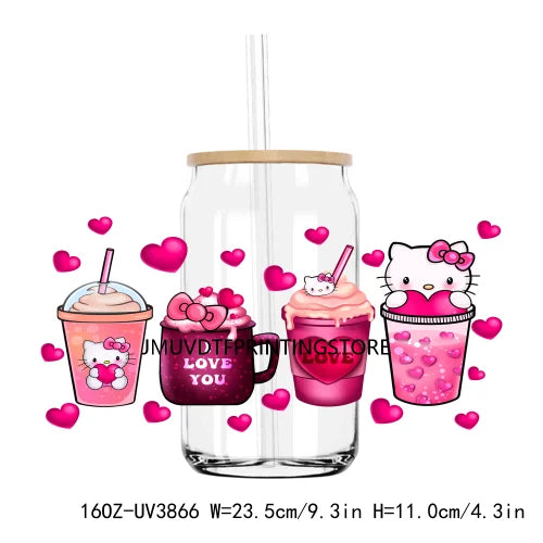 Cartoon Hello Girl Cat Valentine's Day UV DTF Sticker For 16OZ Libbey Glass Cup Can Wrap Transfer Sticker Custom Labels DIY Logo