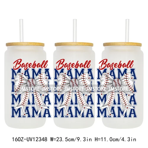 Retro Football Mama Baseball Coquette Bow Game Day 16OZ UV DTF Cup Wrap Transfer Stickers Waterproof Logo For Libbey Glass Can