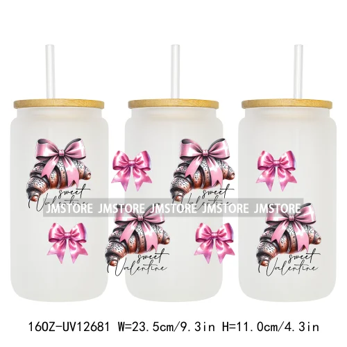 Iced Coffee Girly Pink Cherry Coquette Bow UV DTF Sticker For 16OZ Libbey Glass Cup Can Wrap Transfer Stickers Custom Labels