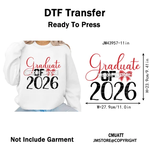 College Mega Senior 2K26 Coquette Class of 2026 Iron on Washable DTF Heat Transfers Stickers Ready to Press for Textiles Bags