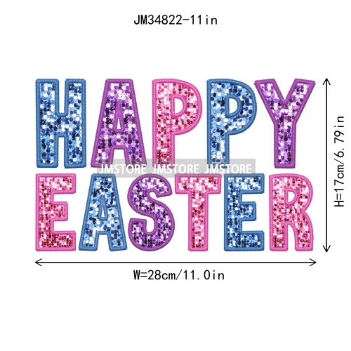 Colorful Faux Sequin Glitter Happy Easter Bunny University Letters Iron On DTF Transfers Stickers Ready To Press For Hoodies