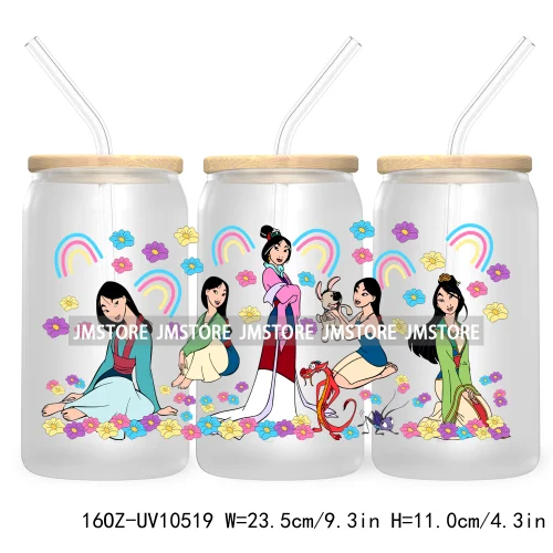 Cartoon Princess Floral Flowers 16OZ UV DTF Cup Wrap Transfer Stickers Custom Labels Waterproof For Libbey Glass Can Best Friend