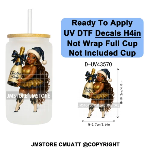 Fashion Black Girl Christmas Party UV DTF Cup Decals Ready To Apply Transfer Stickers Durable Custom Prints For Libbey Glass Can