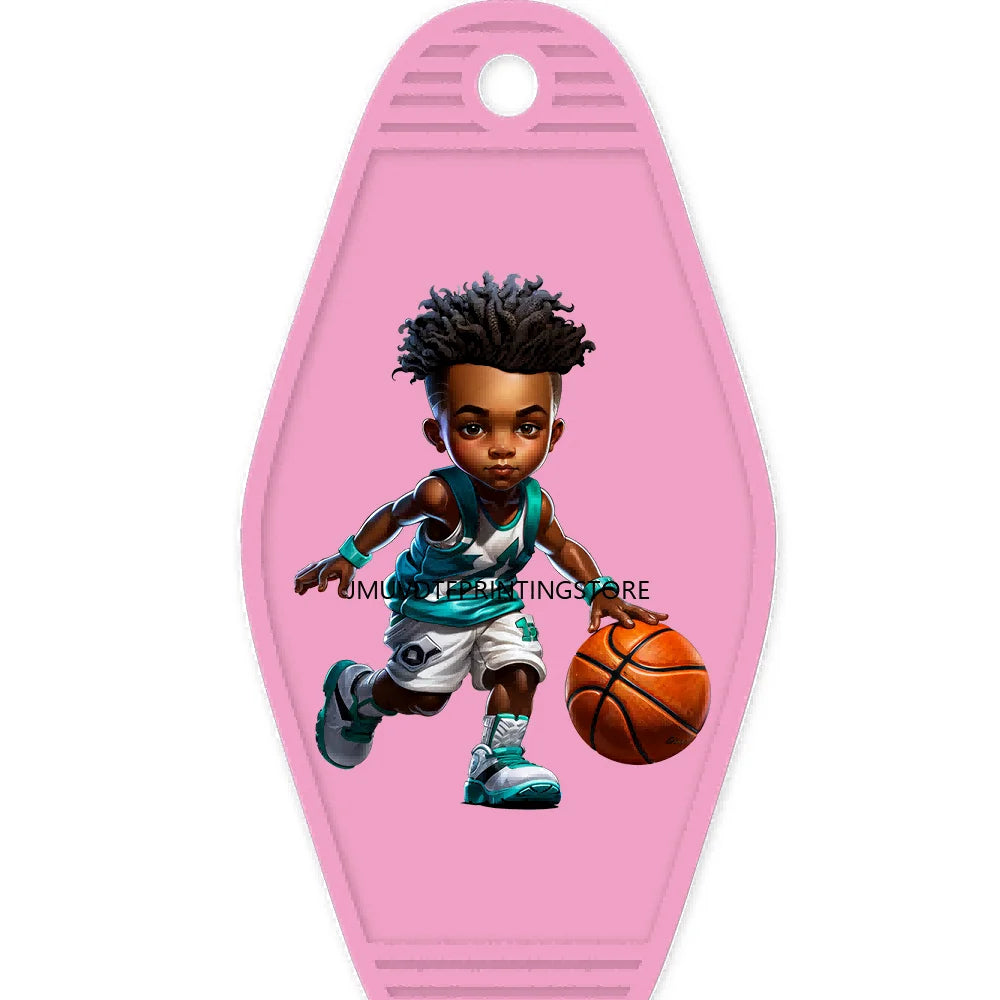 Sport Basketball Football School Black Boys High Quality WaterProof UV DTF Sticker For Motel Hotel Keychain