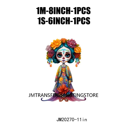 Cute Doll La Catrina Day Of The Dead Sugar Skull Mexican Halloween Iron On DTF Transfer Stickers Ready To Press For Hoodies Bags